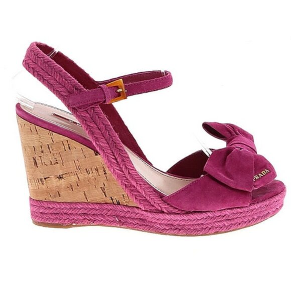 💖 Prada Fuchsia Leather & Raffia Bow Wedge Sandals Cork Heel Size 38 Summer Lux - Picture 3 of 11